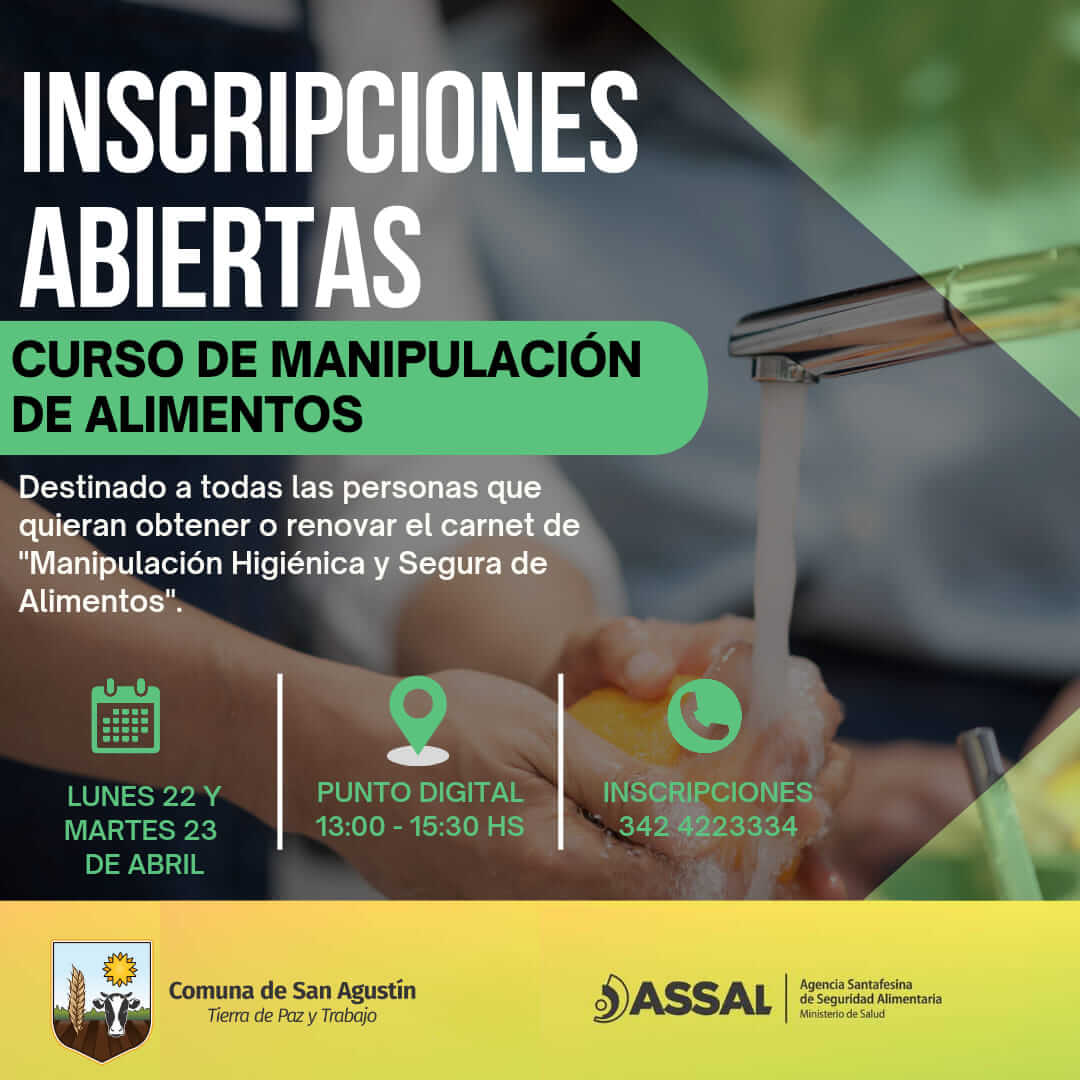 🍽️ ASSAL San Agustín te invita a inscribirte para obtener o renovar tu carnet de manipulación de alimentos. 🍽️