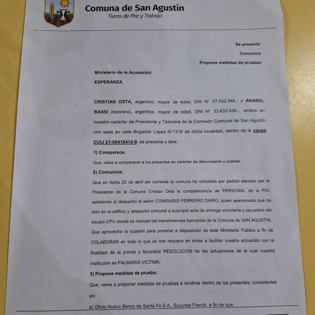 En procura de que se avance en la investigación del delito informático en la Comuna de San Agustín...