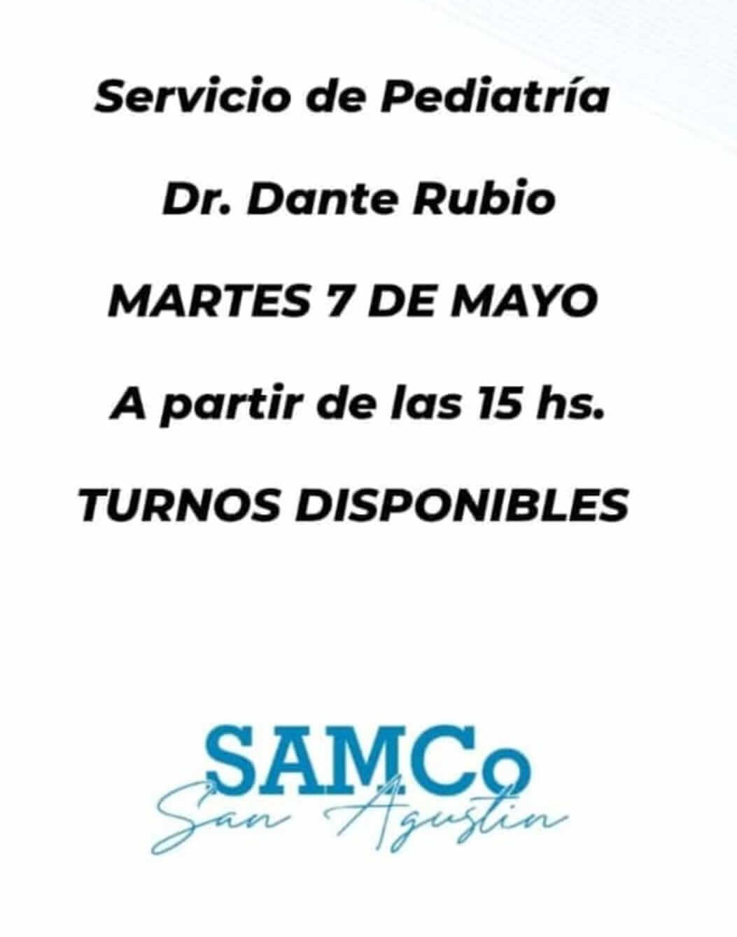 🏥TURNOS DISPONIBLES PARA PEDIATRÍA EN EL SAMCO 👇