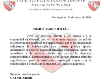 La Comuna desea informar a la comunidad sobre los lamentables incidentes de robo que ha enfrentado el Club Independiente