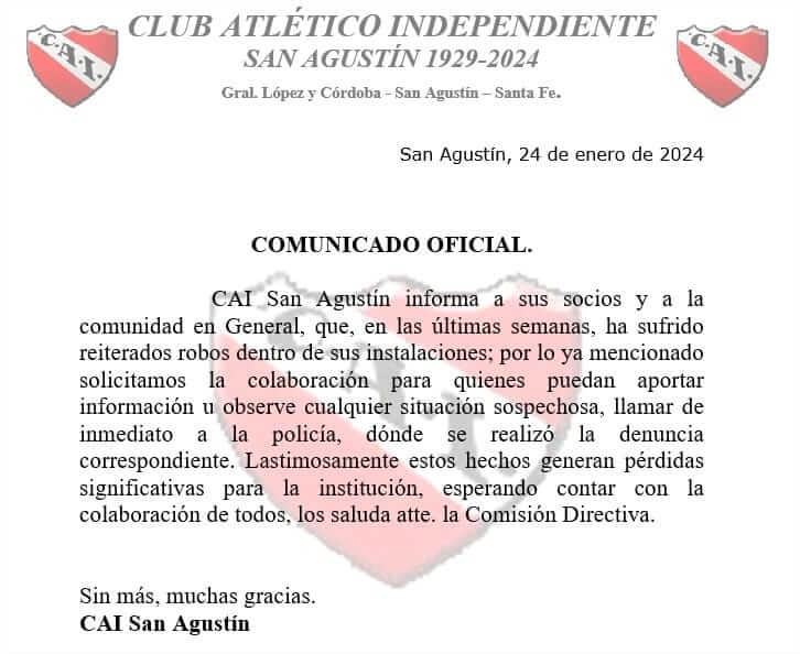 La Comuna desea informar a la comunidad sobre los lamentables incidentes de robo que ha enfrentado el Club Independiente