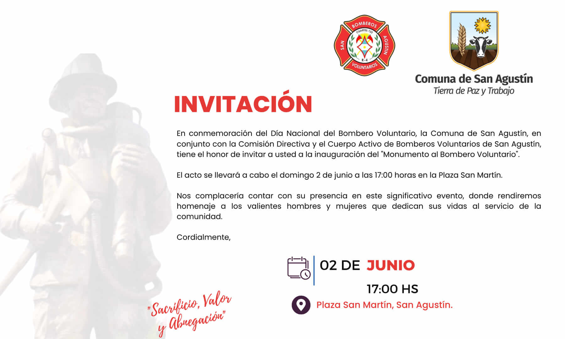 Invitación a la inauguración del "monumento al bombero voluntario"