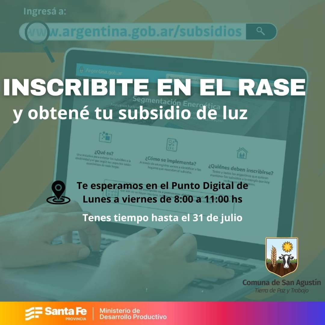 Desde la Comuna de San Agustín informamos que hasta el 31 de julio los usuarios de energía eléctrica pueden acercarse al Punto Digital