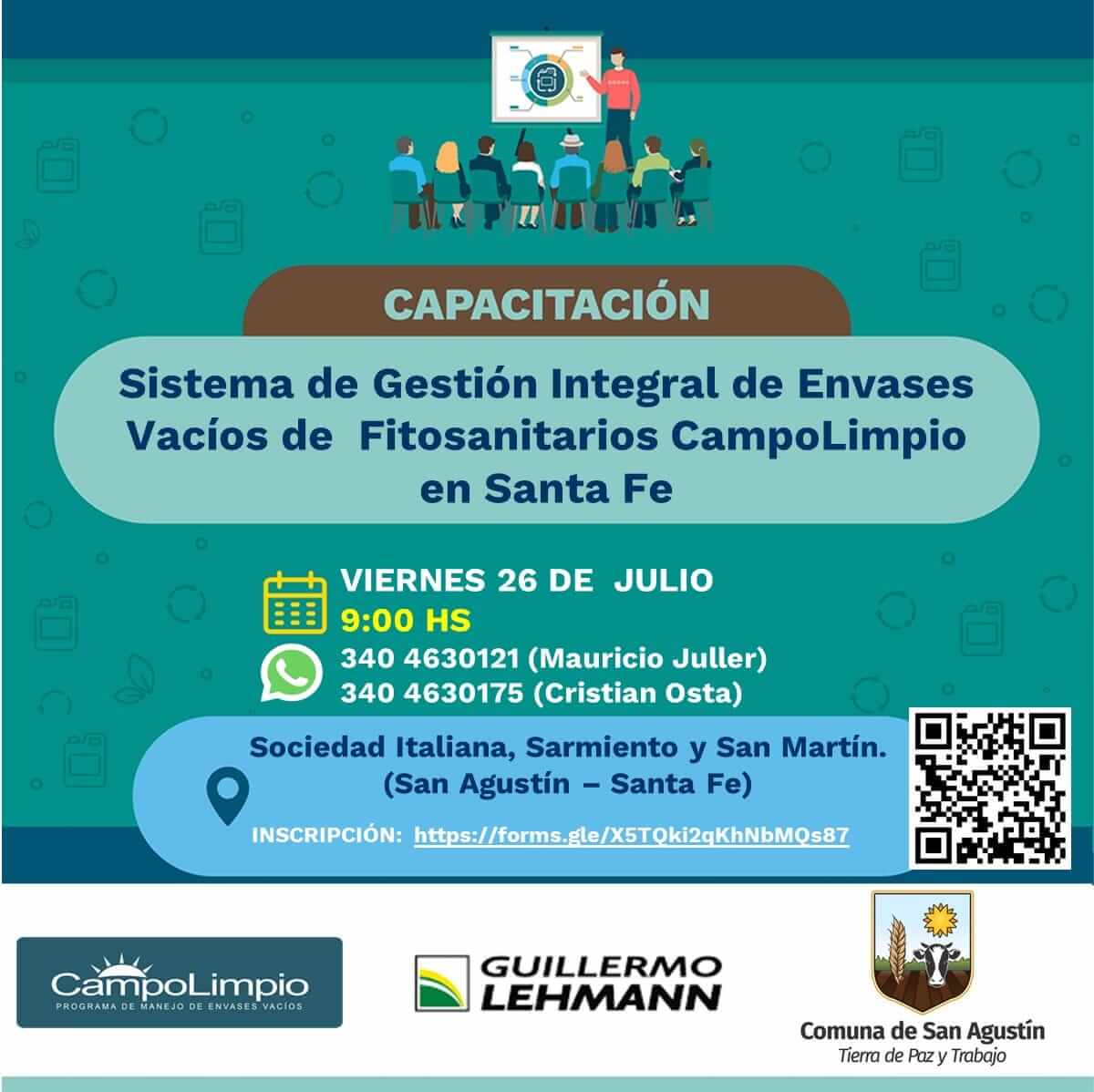 🌱 La Comuna de San Agustín invita a participar de la "Capacitación de Gestión Integral de Envases Vacíos de Fitosanitarios Campolimpio" 🌿.